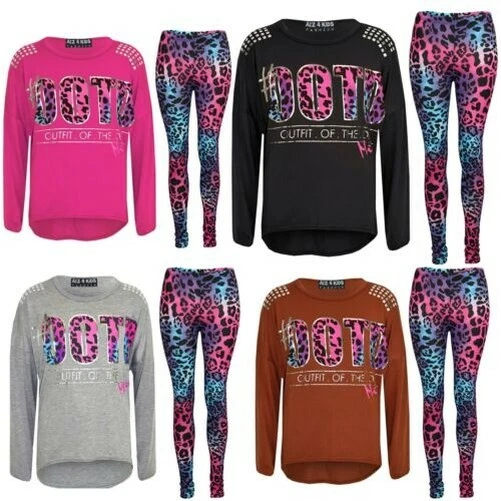 Bambine # Ootd Stampa Maniche Lunghe Top & IN Abbinato Moda Set Leggings 7-13