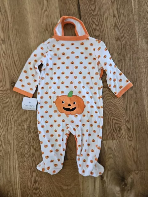 Carter's Baby My First Halloween Footie Pajamas PJ's Pumpkin w/Bib 6M 2