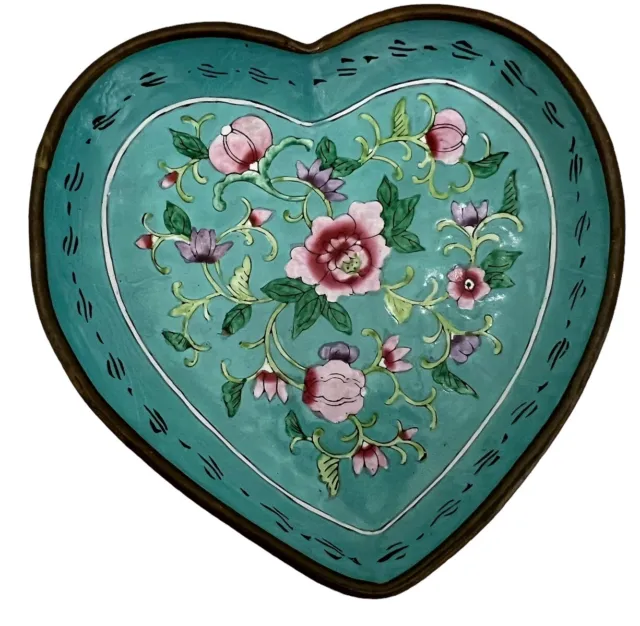 Vtg Chinese Painted Enamel Cloisonne Like Heart Trinket Dish Tray Blue Green