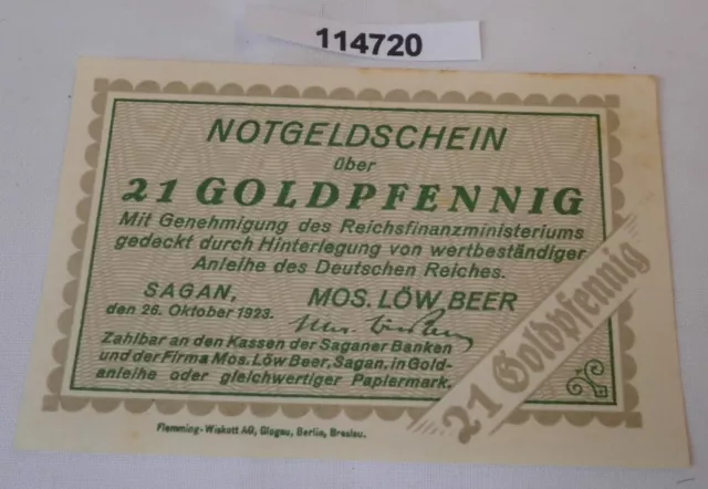 21 Goldpfennig Banknote wertbeständiges Notgeld Stadt Sagan 26.10.1923 (114720)