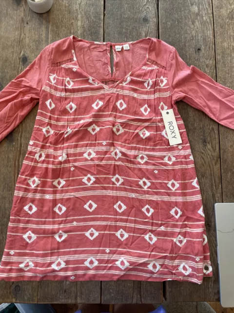 Roxy Light Coral Rose & Ivory -Aztec Print Logo Blouse Top Women's Size Small