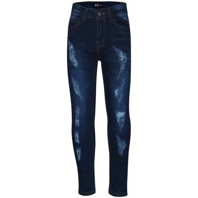 Boys Stretchy Jeans Kids Ripped Dark Blue Denim Skinny Pants Trousers 5-13 Years