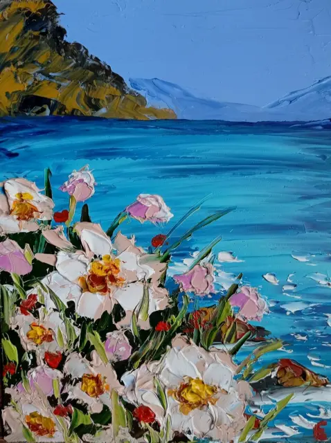 Original Painting Rock Ocean Wild Flowers Sea Art Oil Art Seascape 8 x 6 in