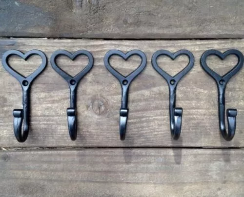 5pc Wrought Cast Iron Love Heart Hooks Wall Mounted Coat Key Towel Hanger Rustic