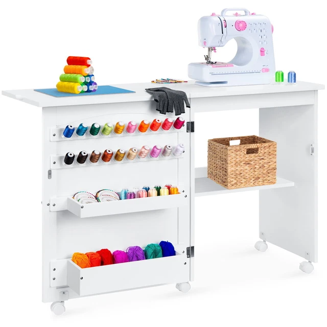 Sewing Machine Table/Desk W/Craft Storage & Bins W/Built-in Wheels Space-Saving