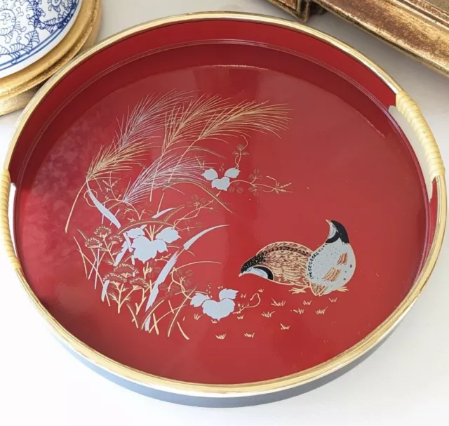 Vintage Laquer Ware Black And Red Round Serving Tray Pheasants Chinoiserie Chic