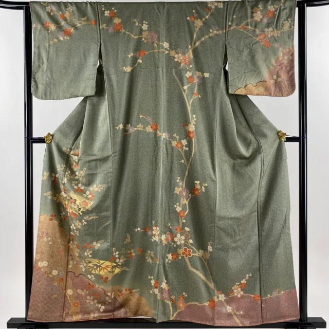 Japanese Silk Kimono Houmongi Gold Foil Fan Pine Bamboo Plum Blossoms Gray 61"