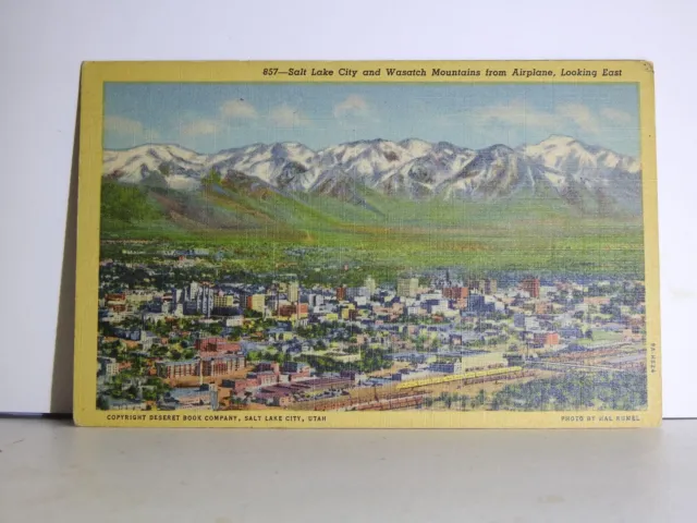 Aerial View Salt Lake City, Utah Wasatch Mountains Vtg Linen Postcard B586