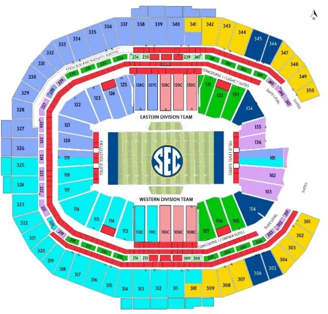 2 SEC Championship tickets Alabama vs Georgia Section 105 Front Row, Aisle Seats