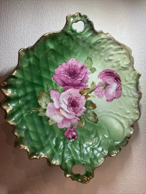 Antique Hand Painted Serving Bowl C.T. Germany Pink Roses Gold Trim 12” Handles