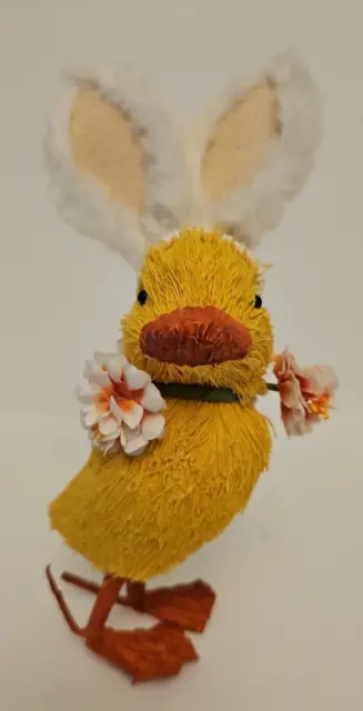 FAO SCHWARTZ YELLOW EASTER DUCK Duckling Chick  9”Sisal Material With Fur Ears