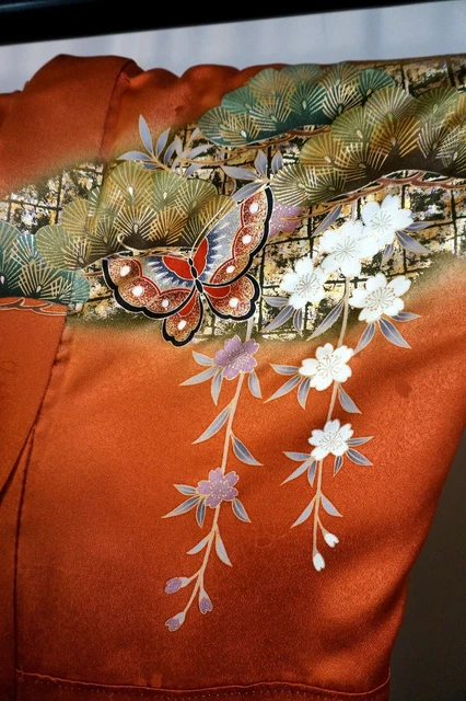 Japanese kimono SILK"FURISODE" long sleeves,Gold leaf/thread, Plants, L5'6".3416 3