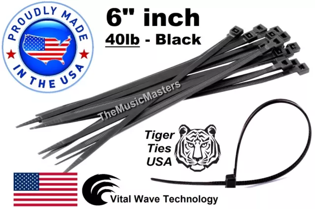100 Black 6" inch Wire Cable Zip Ties Nylon Tie Wraps 40lb USA Made Tiger Ties