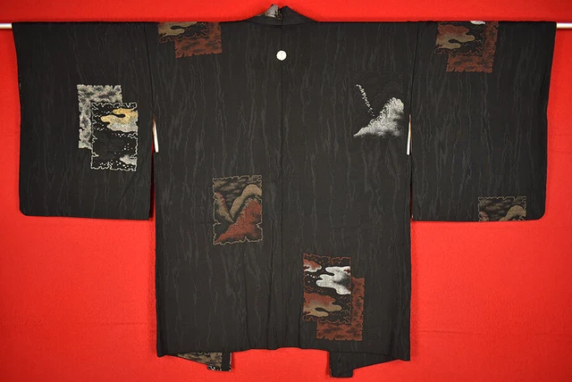 Vintage Japanese Kimono Silk Antique BORO Black HAORI Kusakizome Woven/B011/555