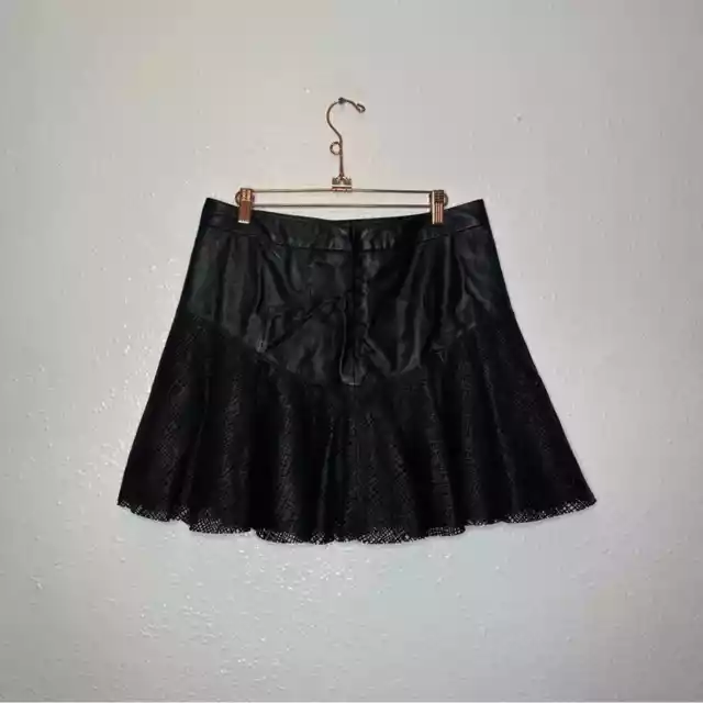 DEREK LAM 10 CROSBY Black Leather Perforated Laser Cut Short Flare Skirt Size 8 3