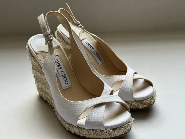 Jimmy Choo White Amely Canvas Platform Wedge Sandals Size 6