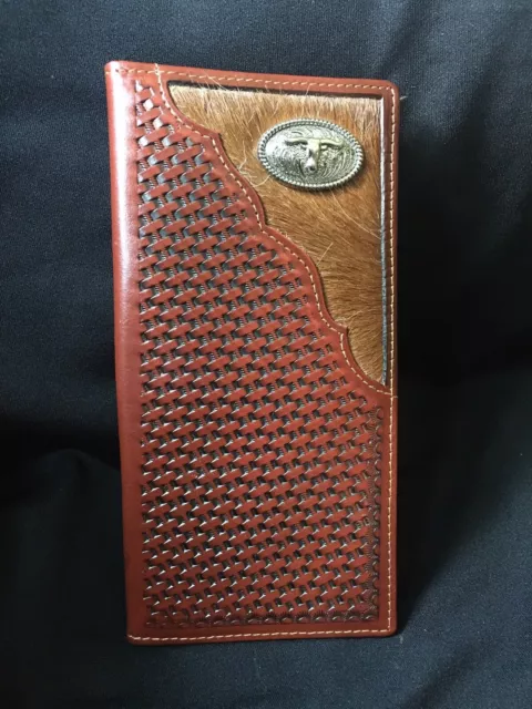 Western Concho Cow Fur Cowhide Leather Longhorn Basketweave Bifold Wallet
