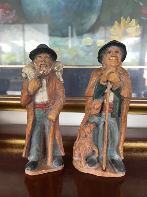 Pair Of Vintage Hand Carved Wooden Old Man