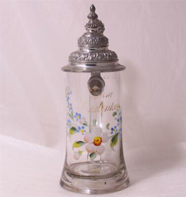 Antique Soufflé Verre Bière Stein Main Peint Couvercle Mariage Thème C.1870s 