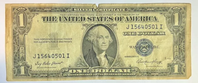 Series 1935 E Blue Seal $1.00 One Dollar Silver Certificate Note Washington Tear