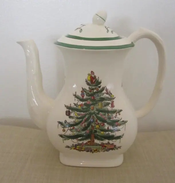 RETIRED Spode Christmas Tree Coffee Pot w/ Acorn Lid ENGLAND S3324 Green Trim