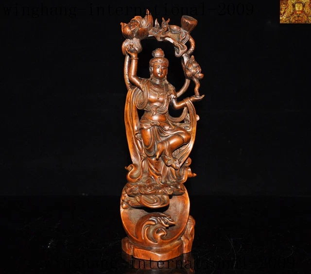 China temple Boxwood Wood carve lotus Kwan-Yin GuanYin Bodhisattva Buddha statue