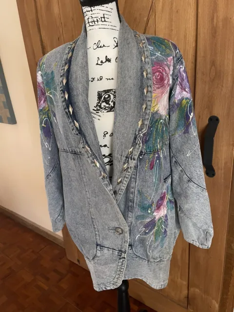 Women’s Denim Hand Painted Floral Acid Wash Jacket 1980’s Embellished Studs SZ M