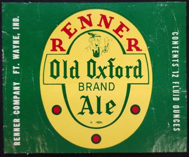 Renner Old Oxford Ale Beer Bottle Label Ft. Wayne IN Vintage Graphic