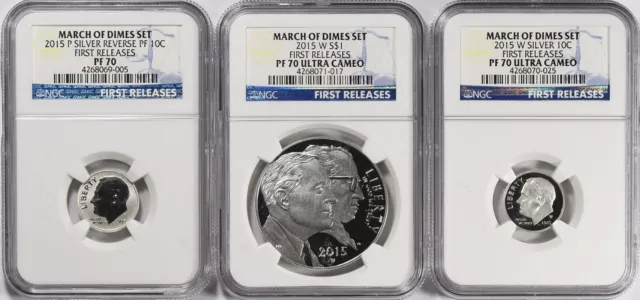 2015 W P Ngc Pf70 Uc First Releases Proof Silver 3 Coin March Of Dimes Set