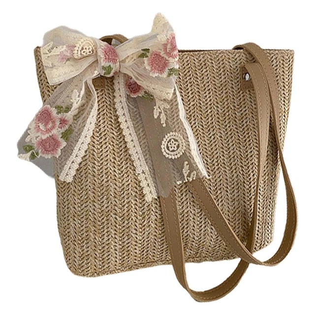 Women Summer Straw Bags Lace Bow Bag Capacity Casual Tote Bags Beach Travel E5N7