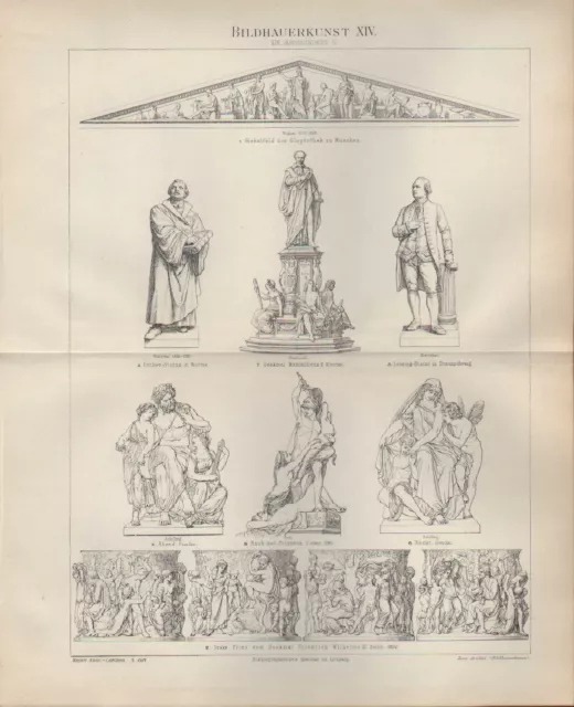 Lithografie 1897: Bildhauerkunst XIV. XIX. Jahrhundert Plastik Skulptur Denkmal