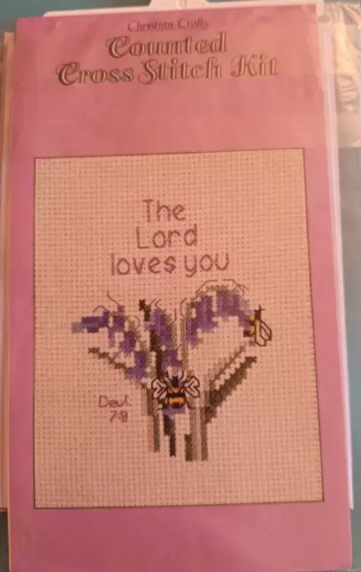 Christian Crafts counted cross stitch card kit - bluebell/bee The Lord loves you