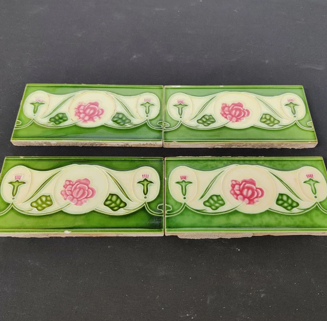 1940s Vintage Architecture Furniture Tile 4 Pc Floral Majolica Art Nouveau Japan 3