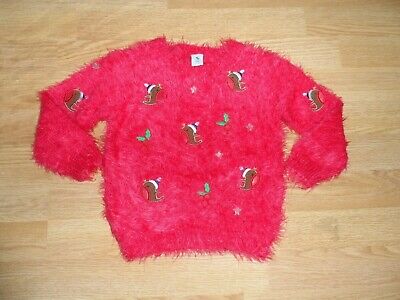 Tu Baby Girls Red Fluffy Robin Christmas Jumper 2-3 Years Excellent Condition