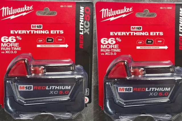 2Packs Milwaukee  18V 48-11-1850 5.0 AH Batteries M18 XC18 48-11-1850 Battery