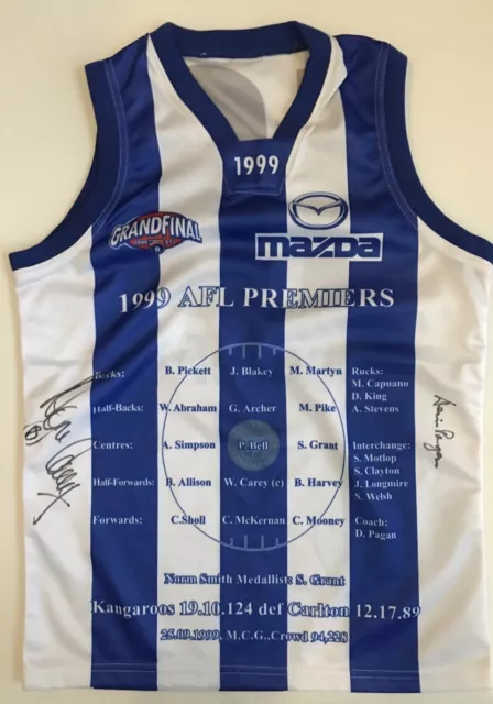 WAYNE CAREY & DENIS PAGAN Signed Jumper Nth Melbourne Kangaroos 1999Premiers COA