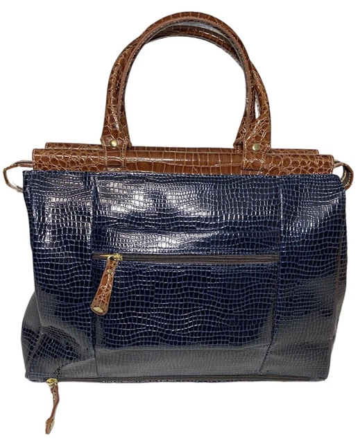 Samantha Brown Dowel Travel Bag Croc Embossed BLUE Brown Weekender Carry On 2