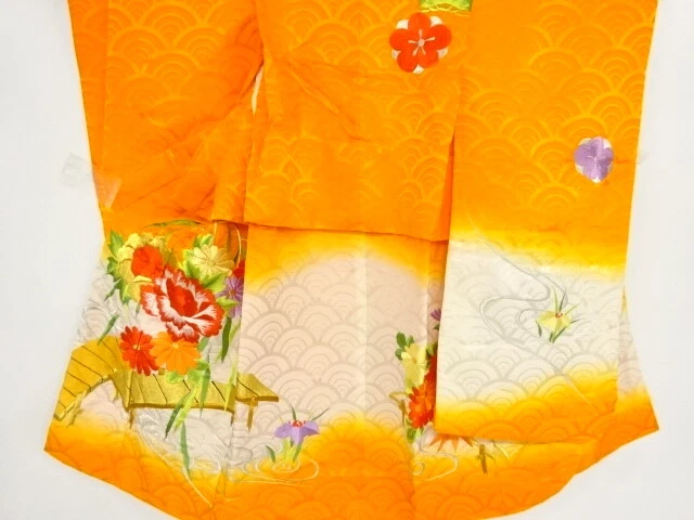 81271# Japanese Kimono / Antique Kimono For Girls / Embroidery / Peony With Ume