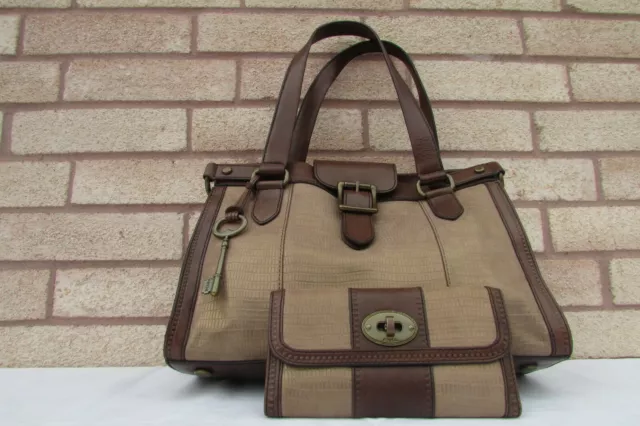Fossil Vintage Reissue Revival Brown Metallic Leather Shoulder Bag Tote + Wallet