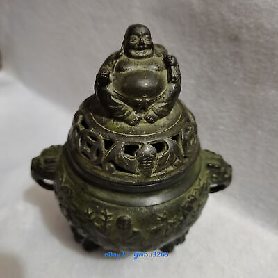 Chinese Old bronze Hand-carved Maitreya Buddha Incense burner w xuande Mar 20089