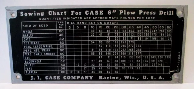 J I Case 6" Plow Press Drill Implement Tin Sowing Chart ID Plate Tag Emblem Sign
