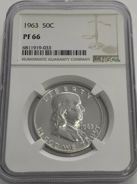 1963 NGC PF66 PROOF FRANKLIN HALF DOLLAR 50c 90% SILVER WHITE LABEL