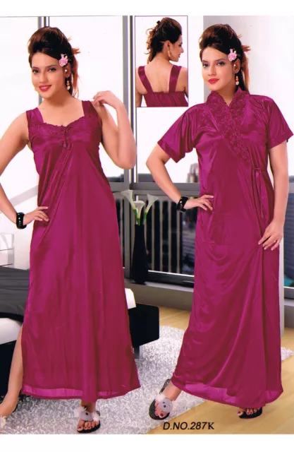 Women Nighties Wine Satin Lycra Gowns Sleep Wear Nightdress Nightwear 3060 UK