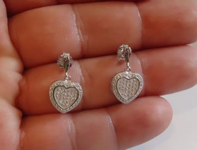 925 Sterling Silver Micro Pave Heart Dangling Stud Earrings W/ Lab Diamonds