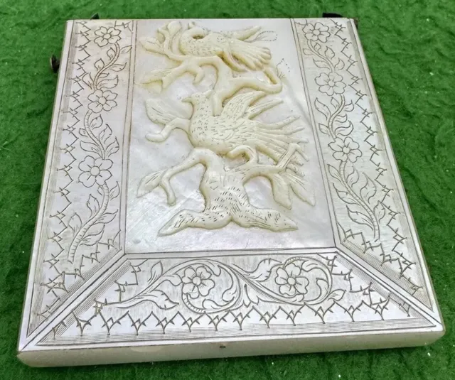 Antique Card Case Carved Tree & Birds Mother of Pearl Calling Embellished No Lid