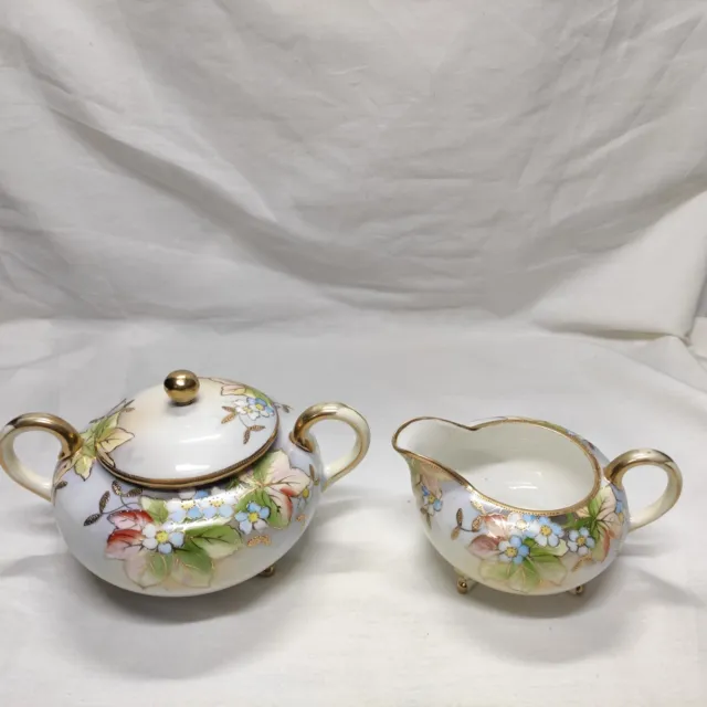 HTF Antique Nippon Creamer & Sugar Bowl Footed Hand Painted Gold Gilding Moriage