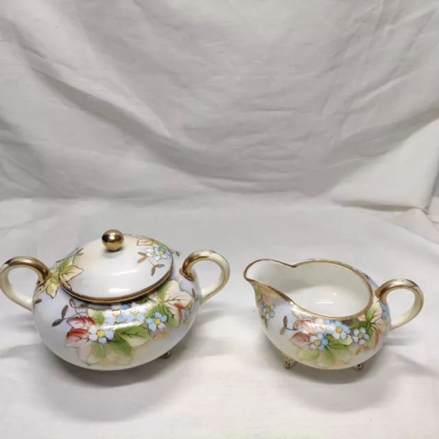 HTF Antique Nippon Creamer & Sugar Bowl Footed Hand Painted Gold Gilding Moriage