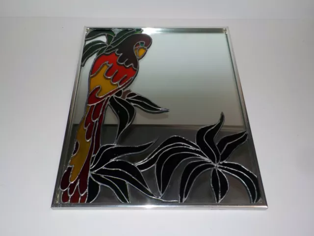 Vintage Painted Leaded Look Framed Parrot Stained Glass Look MIRROR