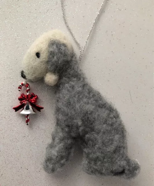 BEDLINGTON TERRIER  with CANDY CANE / BELL decoration - PART NEEDLE FELTED DOG.,