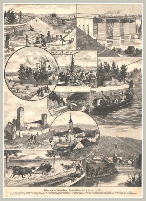 "Bilder aus dem Isartalbahn"Bl.m.10 Ansichten-Wolfratshausen.Orig.Holzstich 1893